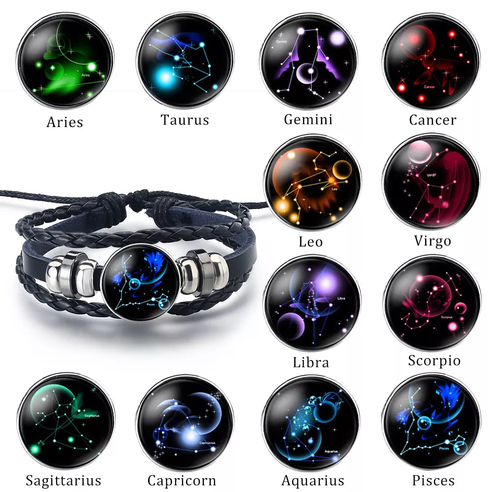 12 Zodiac Signs Constellation Charm Bracelet Men's and Women's Fashion Multi-layer Woven Leather Couple Bracelet Accessories