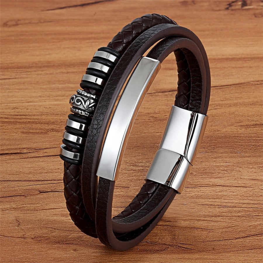 XQNI Fashion Promotion Multi-layer Leather Stainless Steel Metal Luxury Men's Leather Bracelet Accessories For New Year's Gift