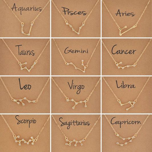 Cardboard Star Zodiac Sign 12 Constellation Necklaces Crystal Charm Chain Choker Necklace for Women Birthday Jewelry Gift