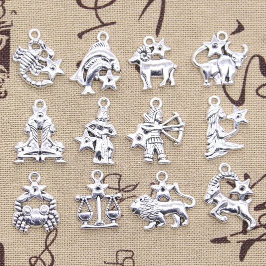 12pcs Charms Zodiac Capricron Aquarius Aries Cancer Leo Libra Taurus Scorpio Sagittarius Vigro Gemini Pisces DIY Antique Pendant