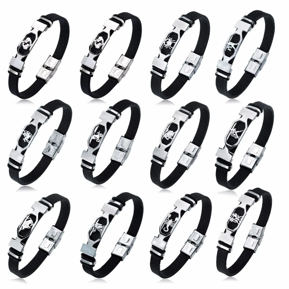 Stainless Steel 12 Constellation Bracelets Zodiac Black Leather Couple Bracelet for Men and Women Jewelry Pulseras Hombre