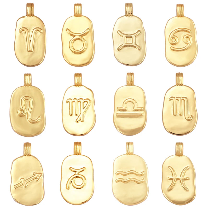 Trendy Charm Zodiac Horoscope Sign Medallion Pendant Real 18K Gold Plated Sparkle for Necklace Bracelet Jewelry Making Supply