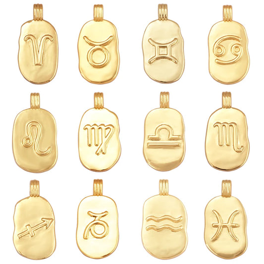 Trendy Charm Zodiac Horoscope Sign Medallion Pendant Real 18K Gold Plated Sparkle for Necklace Bracelet Jewelry Making Supply