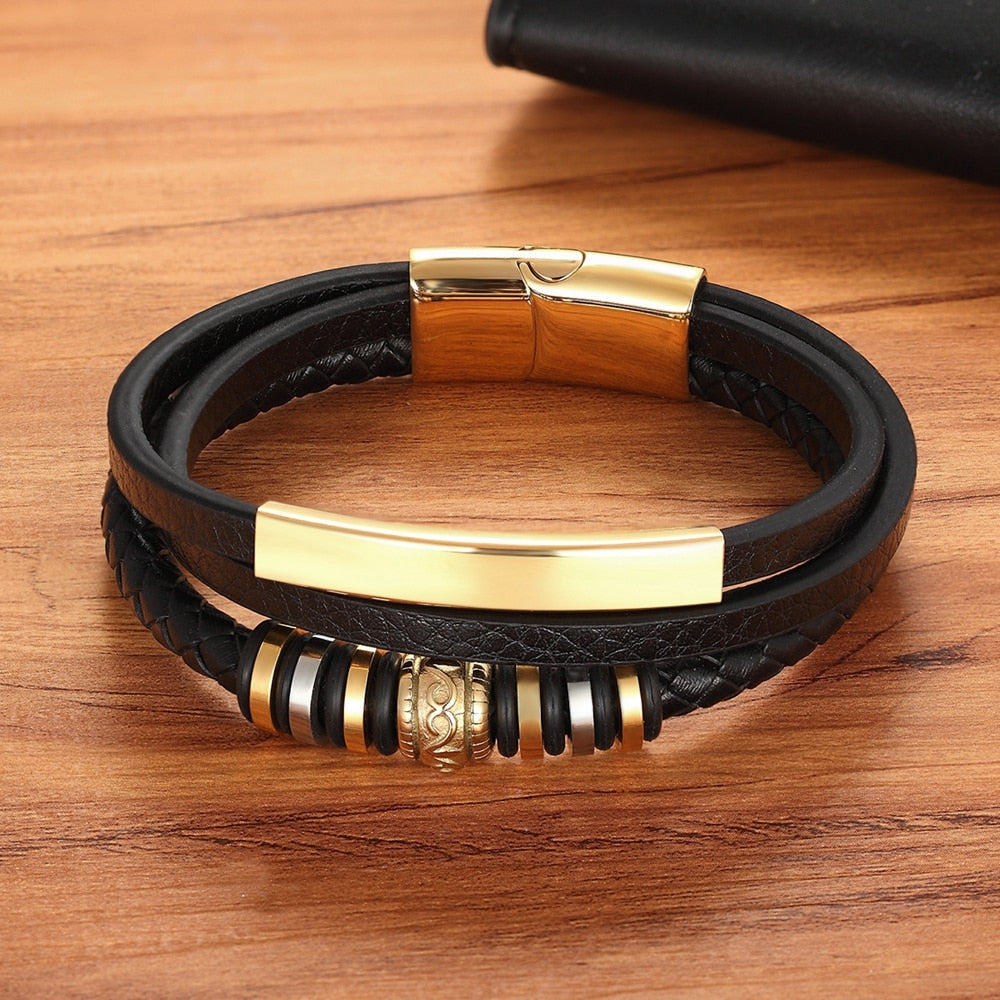 XQNI Fashion Promotion Multi-layer Leather Stainless Steel Metal Luxury Men's Leather Bracelet Accessories For New Year's Gift