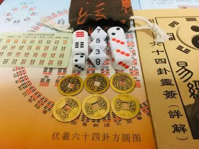 Tools for starting and shaking hexagrams, eight trigrams dice, solid wood dice cup, King Wen's copper coin, and six trigrams