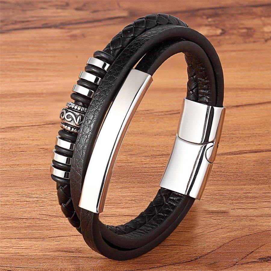 XQNI Fashion Promotion Multi-layer Leather Stainless Steel Metal Luxury Men's Leather Bracelet Accessories For New Year's Gift