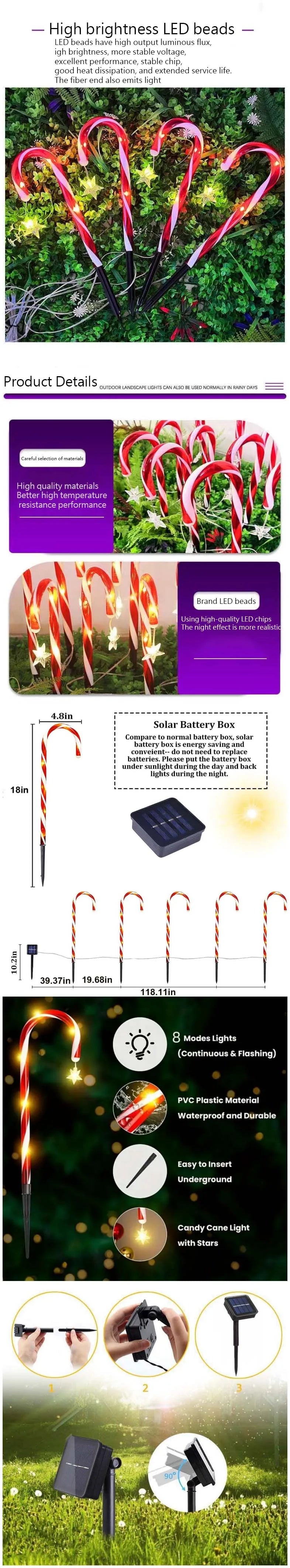 8pcs/set solar powered garden cane lights, 8-function waterproof decorative lights, Christmas candy garden lights
