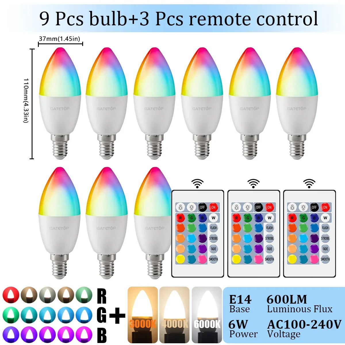 1-10PCS E14 Candle LED Bulb RGB 24 Key Remote Control Dimmable 6W AC220V 110V Colorful Change for Bedroom Living Room Lamp