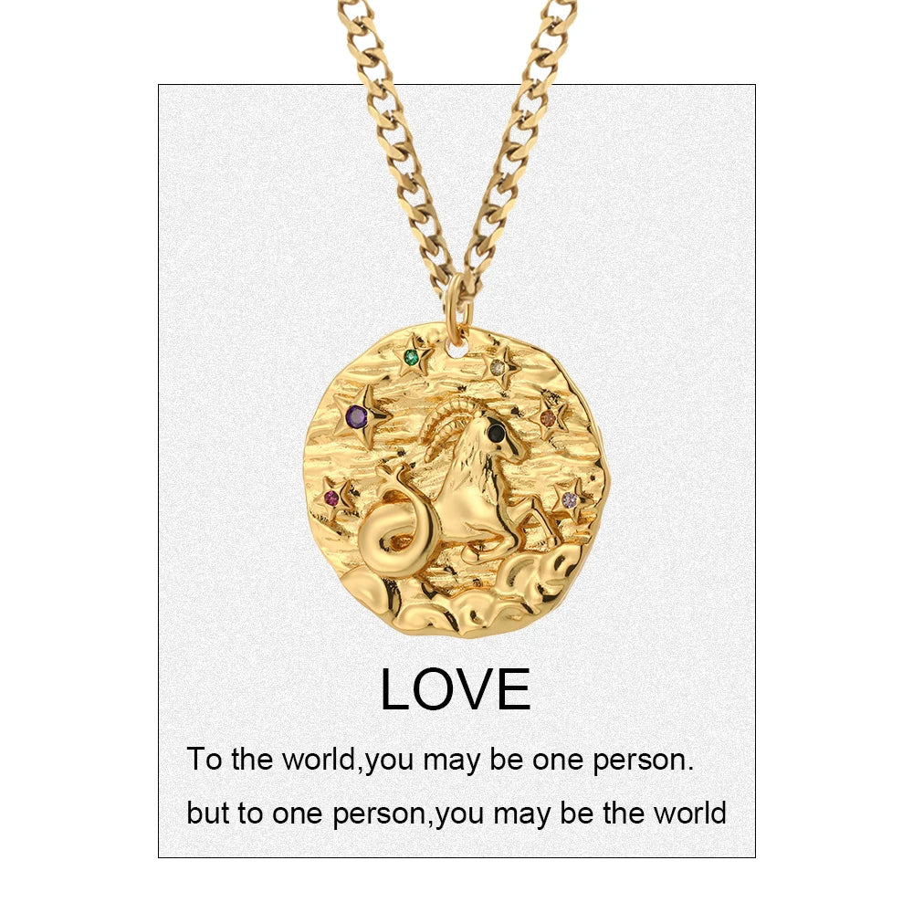 12 Zodiac Constellation Necklace for Women Gold Color Amulet Vintage Coin Woman's Pendant Copper Pave CZ Trendy Punk Collars