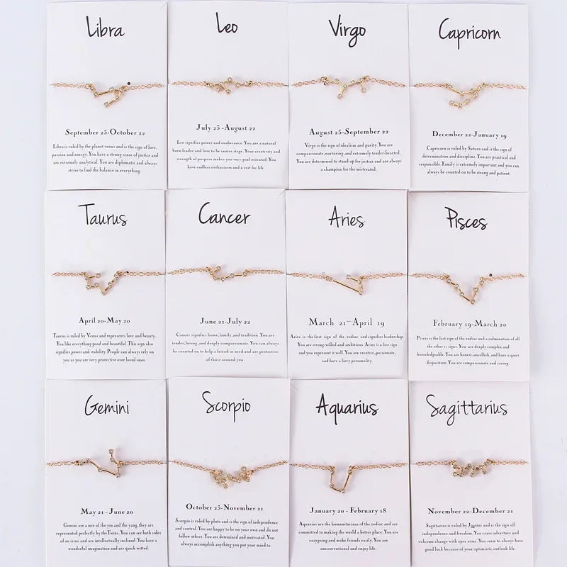 Cardboard Star Zodiac Sign 12 Constellation Bracelet Crystal Charm Gold Color Chain Bracelet for Women Birthday Jewelry Gifts