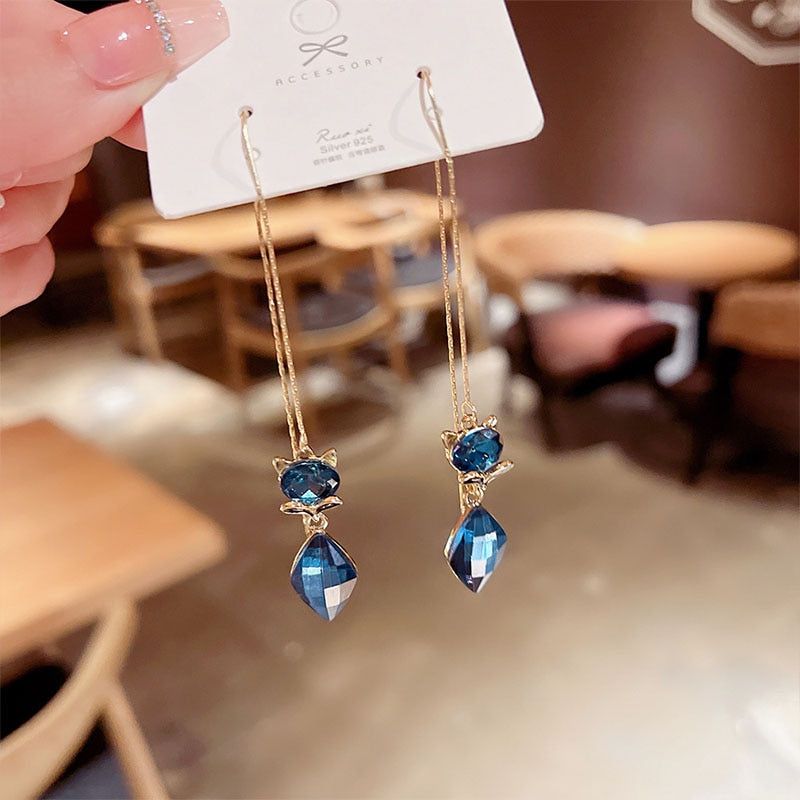 Elegant Vintage Temperament Long Royal Blue Fox Gem Pendant Fringe Earrings For Women Korean Fashion Earring Party Jewelry Gift