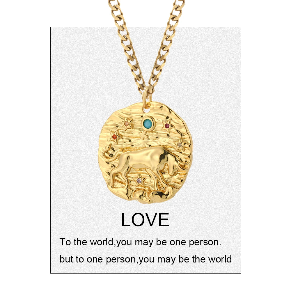 12 Zodiac Constellation Necklace for Women Gold Color Amulet Vintage Coin Woman's Pendant Copper Pave CZ Trendy Punk Collars
