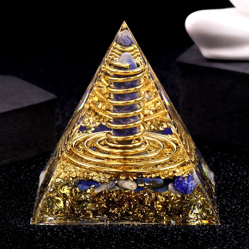 Natural Crystal Energy Generator Pyramid Peridot Gold Sandstone Reiki Healing Resin Pyramid Egyptian Room Decoration 6x6cm