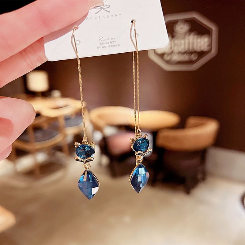 Elegant Vintage Temperament Long Royal Blue Fox Gem Pendant Fringe Earrings For Women Korean Fashion Earring Party Jewelry Gift