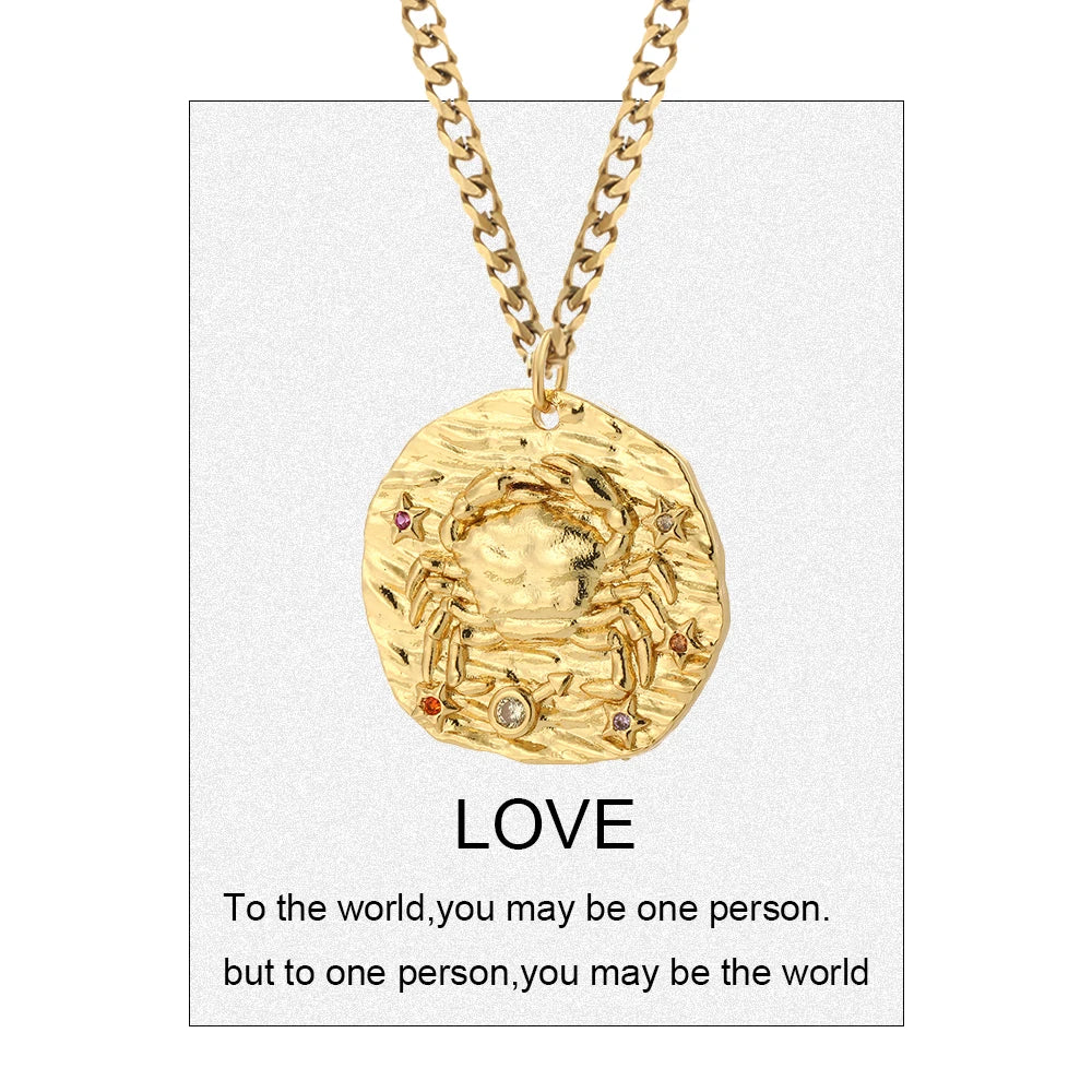 12 Zodiac Constellation Necklace for Women Gold Color Amulet Vintage Coin Woman's Pendant Copper Pave CZ Trendy Punk Collars