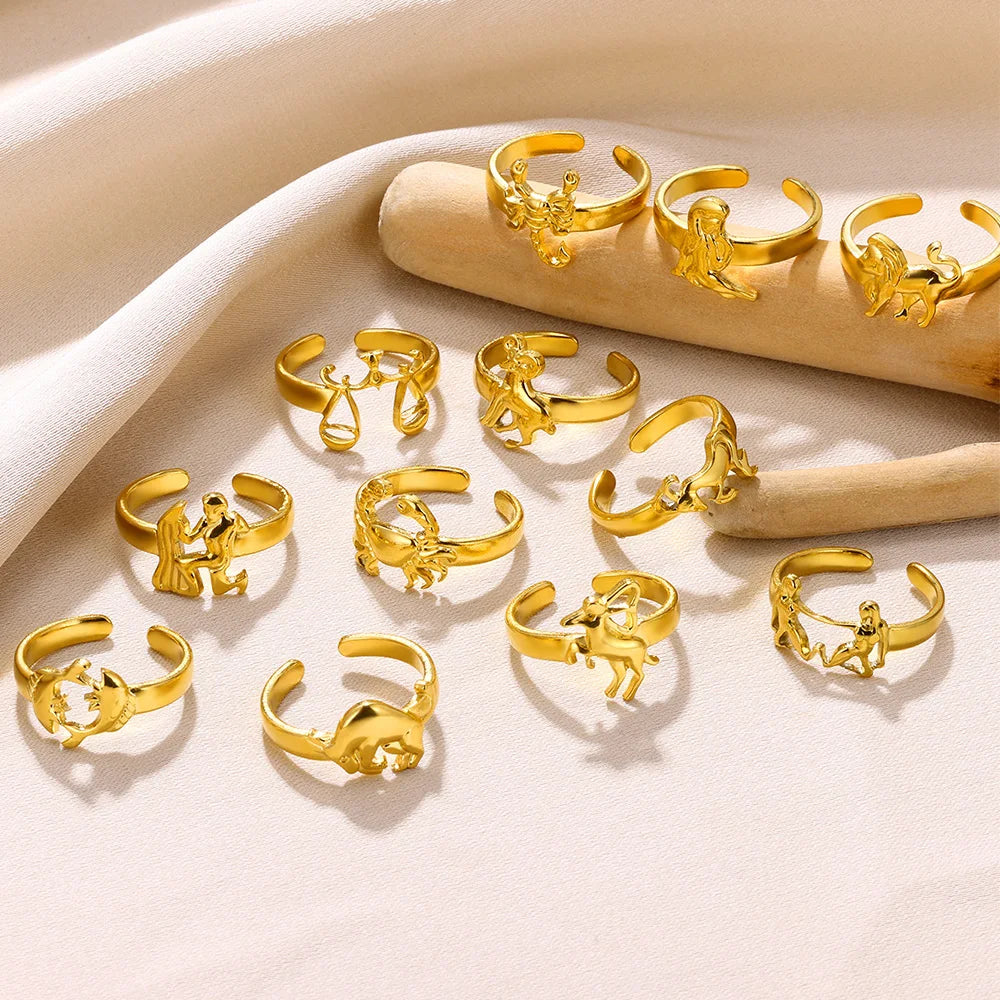 Trend Stainless Steel Zodiac Rings For Women Classic Gold Color Zodiac Sign Ring Vintage Charm Constellation Scorpio Jewelry New