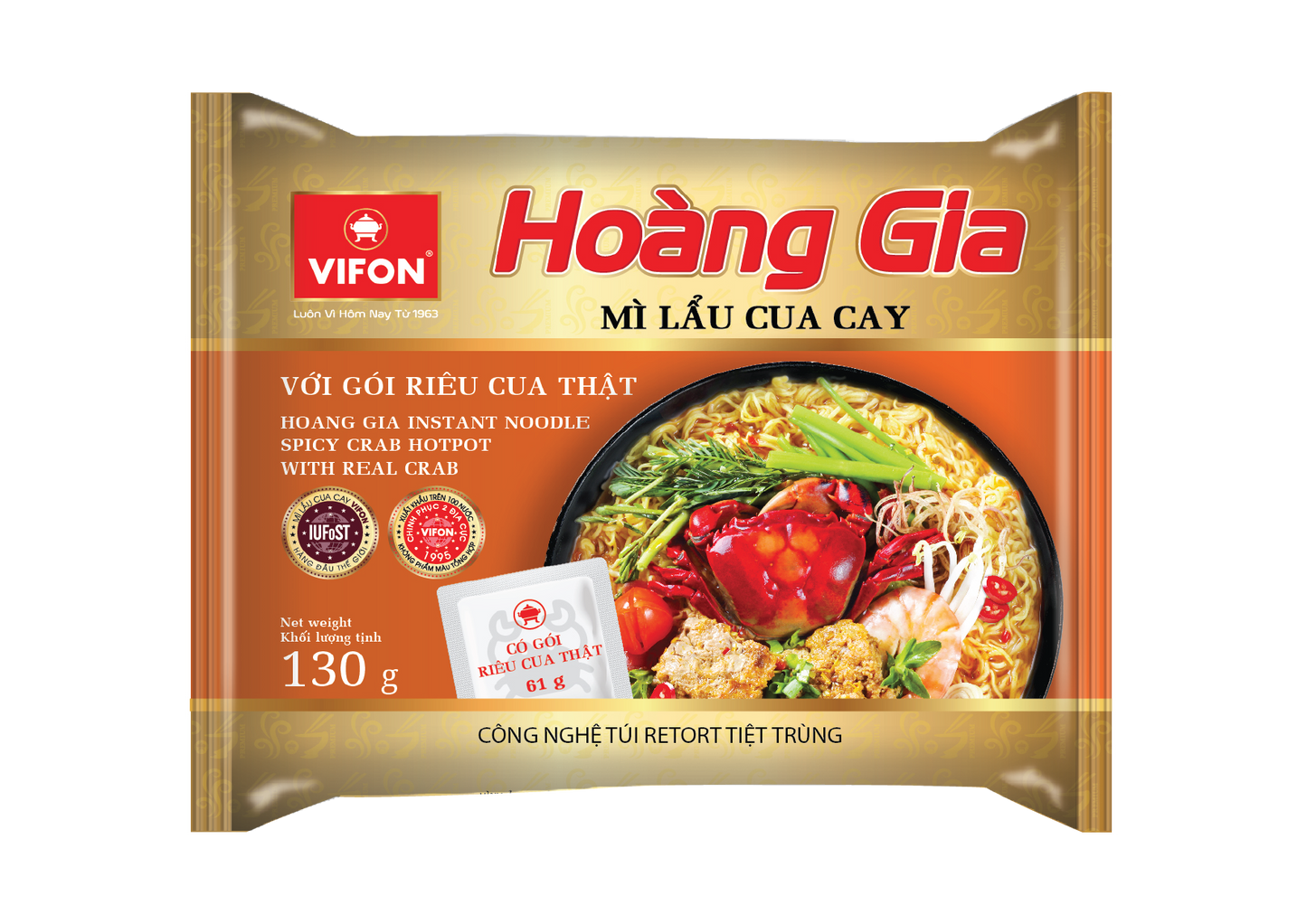 031. VIFON Hoang Gia Instant Noodle Spicy Crab hot pot with real Crab (130g, 18 bags/case)