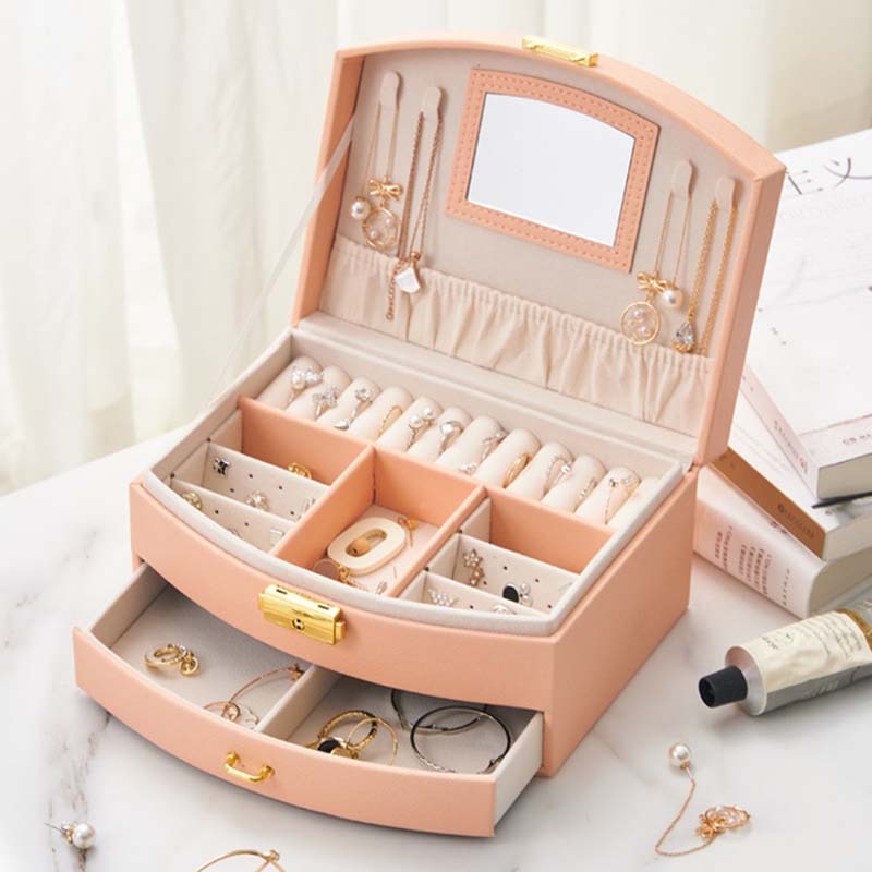 Women's Jewelry Box Travel Jewelry Case  Organizer Display With Mirror Leather Gift Boxes For Women