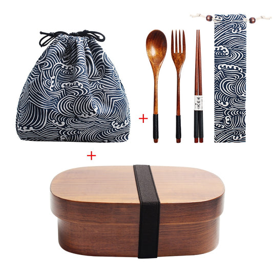 Wooden Lunch Box Picnic  Japanese Bento Box for School Kids Dinnerware Set with Bag&Spoon Fork Chopsticks Round Square Lunch Box
