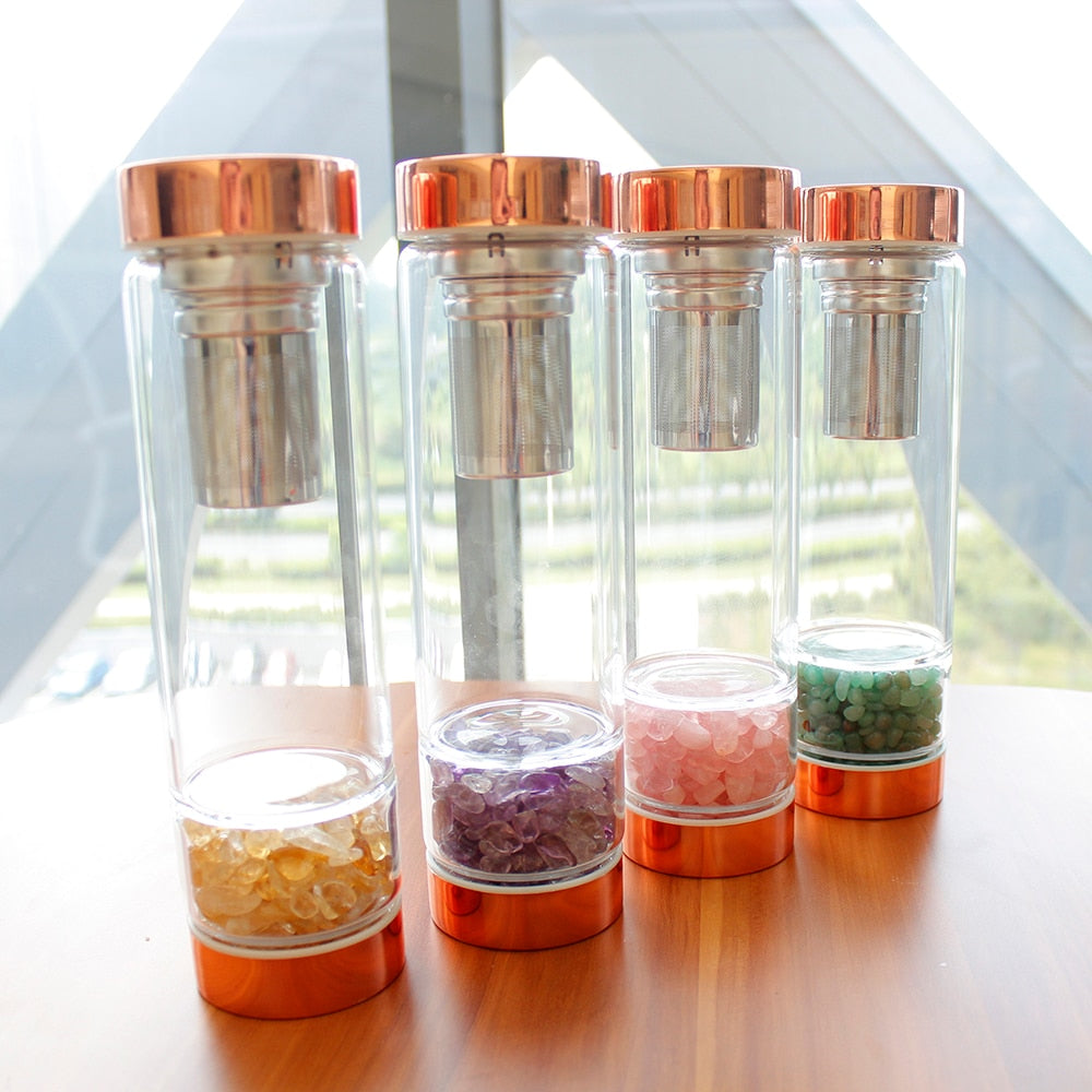 Natural Crystal Elixir Bottles gemstone Glass therapy stone Tea filter filter bottle Healing Crystal Infuser Energy cup