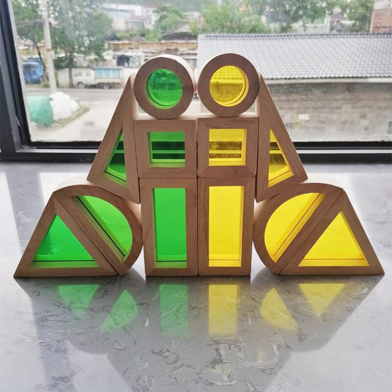 Kids Montessori Wooden Toys Sensory Rainbow Blocks Solid Rubber Wood Stacking Acrylic Buliding Blocks Creative Educational Toys