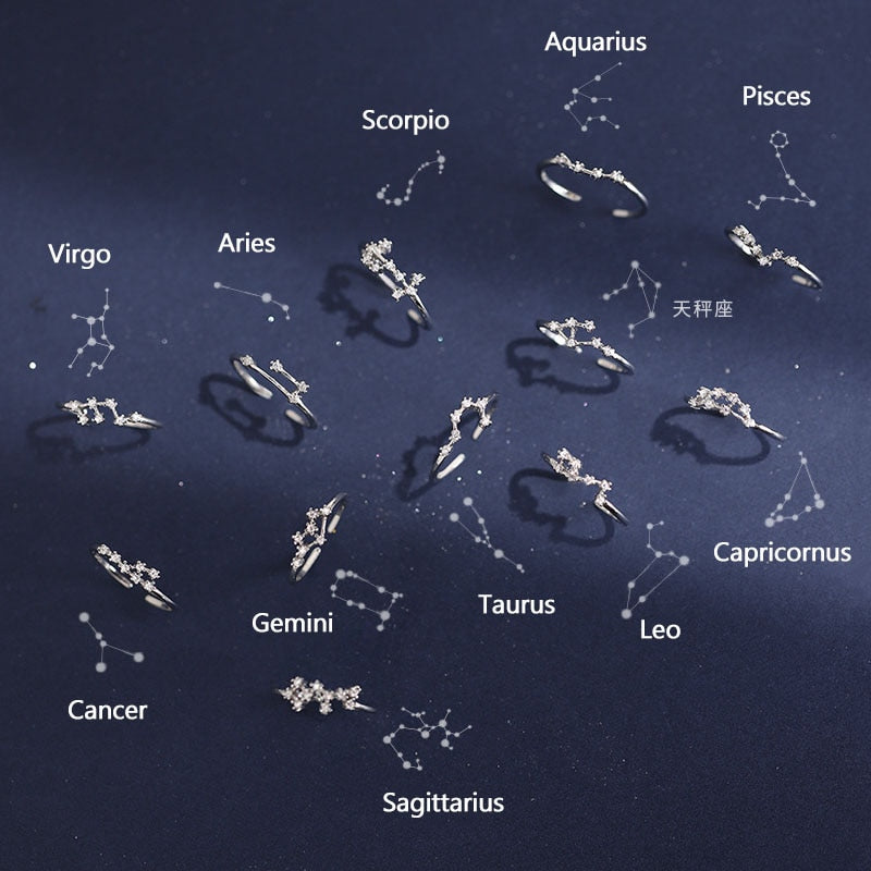 New Minimalist Inlaid Cubic Zircon 12 Constellation Zodiac Sign Rings for Women Simple Silver Color Adjustable Ring Jewelry Gift