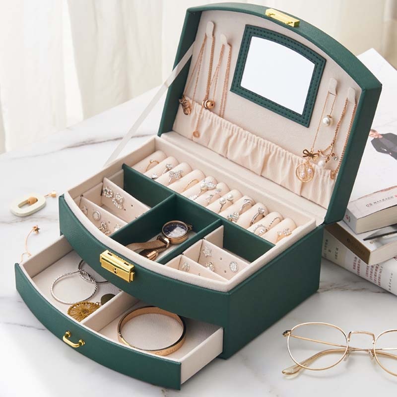Women's Jewelry Box Travel Jewelry Case  Organizer Display With Mirror Leather Gift Boxes For Women