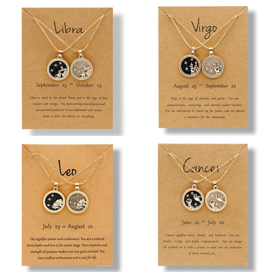 Fashion 12 Constellation Necklace For Women 2 PCS/Set Zodiac Sign Coin Chain Pendant Choker Birthday Couple Jewelry Charm Gifts