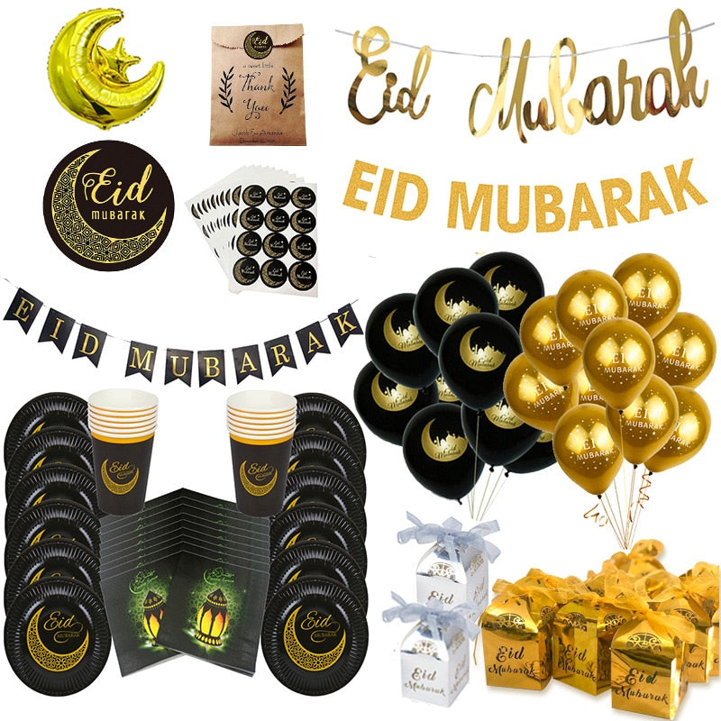 Ramadan Decoration Golden Black Banner Balloon Disposable Dinnerware Set Paper Plate EID Mubarak Party Decoration Muslim favor