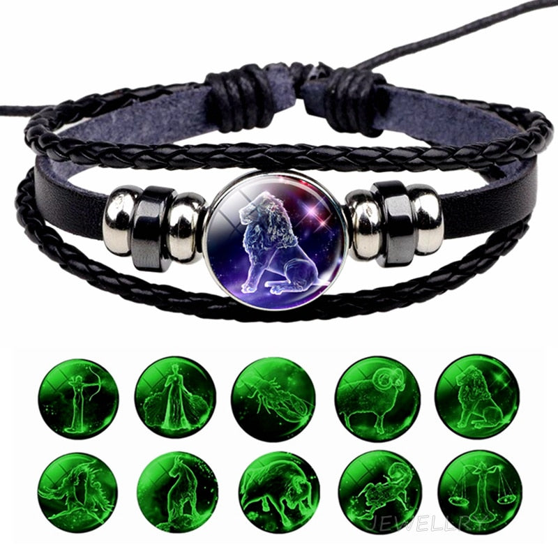 Glowing Constellation Bracelet Punk Luminous Jewelry Black Leather Woven Bracelet Glow In The Dark Zodiac Sign Luminous Bracelet