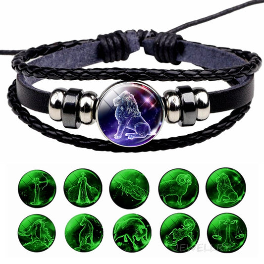 Glowing Constellation Bracelet Punk Luminous Jewelry Black Leather Woven Bracelet Glow In The Dark Zodiac Sign Luminous Bracelet