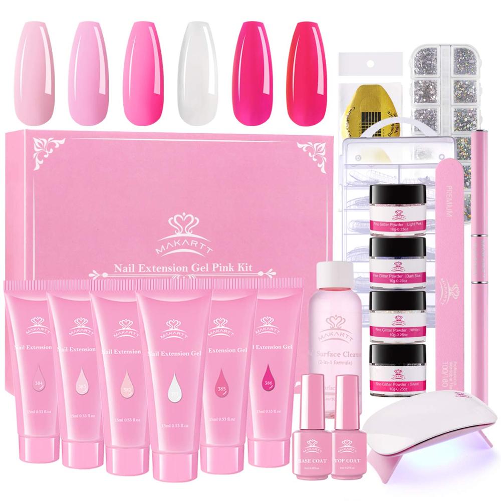 Makartt Pink Poly Nail Gel Kit, Nail Extension Gel Kit Nail Enhancement Gel with Slip Solution & LED UV Nail Lamp Base Top Coat