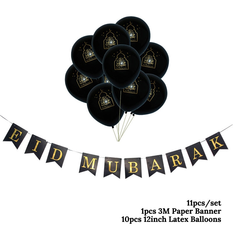 Ramadan Decoration Golden Black Banner Balloon Disposable Dinnerware Set Paper Plate EID Mubarak Party Decoration Muslim favor