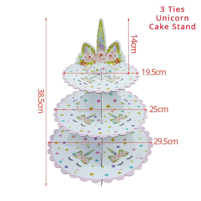 Unicorn Party 3-tier Cup Cake Stand Paper Plates Cups Balloon Birthday Party Decoration Kids Unicornio Party Girls Baby Shower