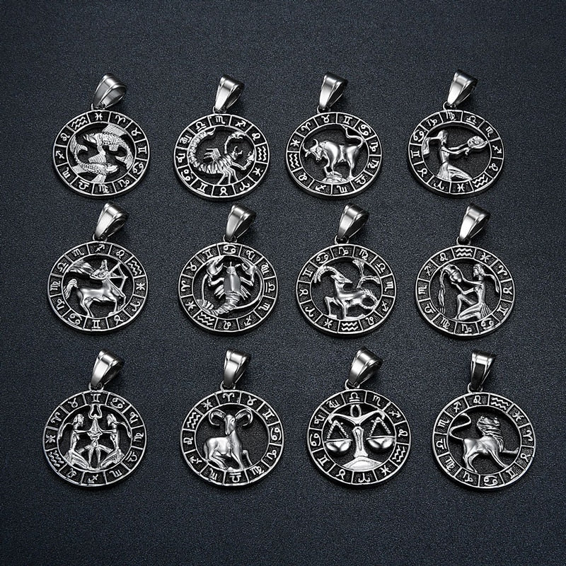 Silver Color 12 Constellation Zodiac Pendant Necklace Punk Retro High Quality Stainless steel Rope Chain Horoscope for Men