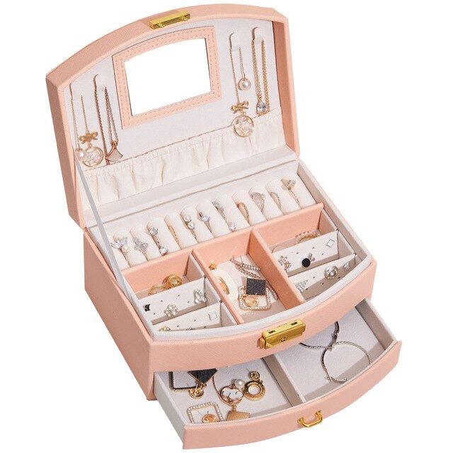 Women's Jewelry Box Travel Jewelry Case  Organizer Display With Mirror Leather Gift Boxes For Women