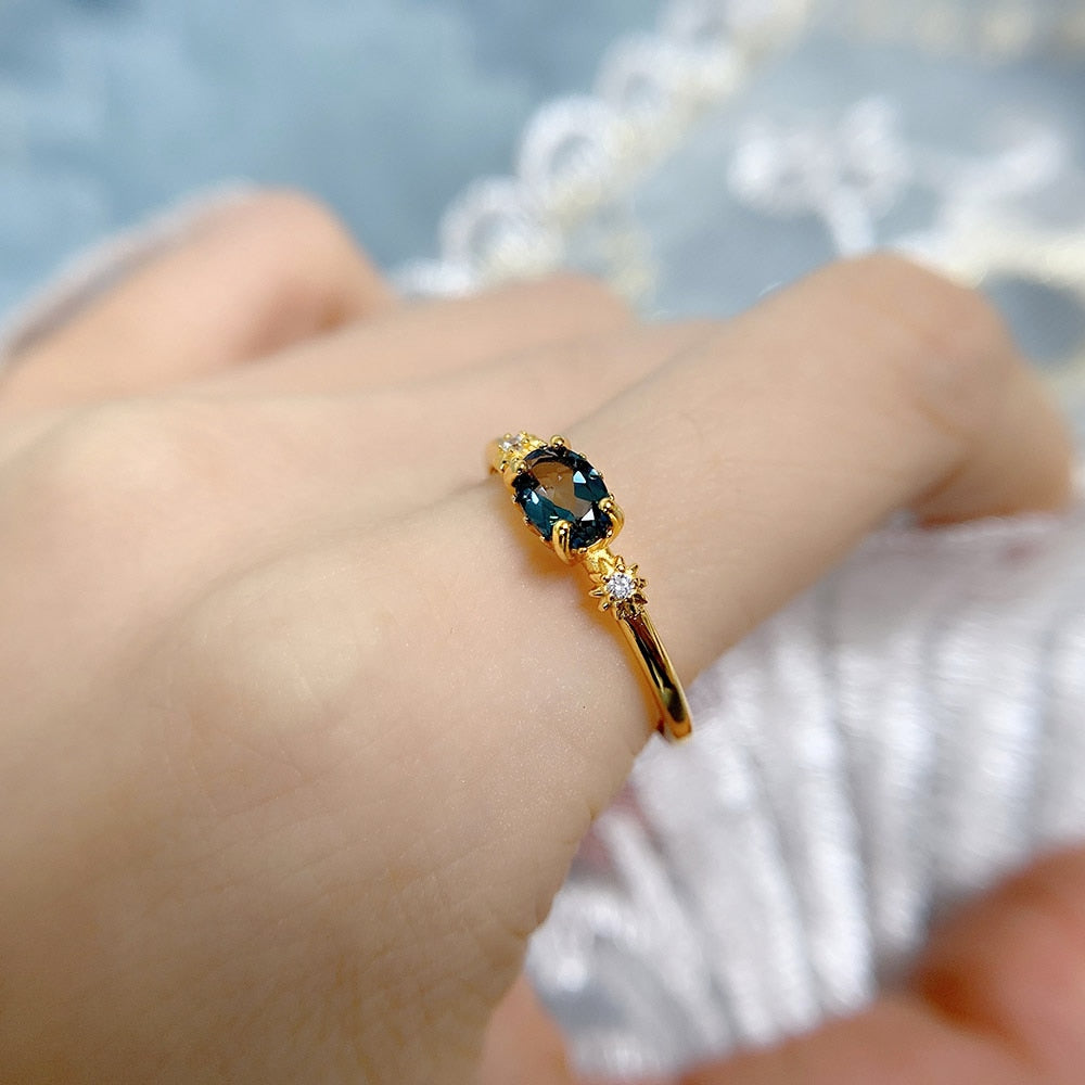 LAMOON Vingtate London Blue Topaz Ring For Women Star Natural Gemstone Rings 925 Sterling Silver 14K Gold Plated Gift LMRI066