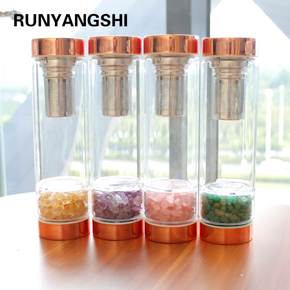 Natural Crystal Elixir Bottles gemstone Glass therapy stone Tea filter filter bottle Healing Crystal Infuser Energy cup
