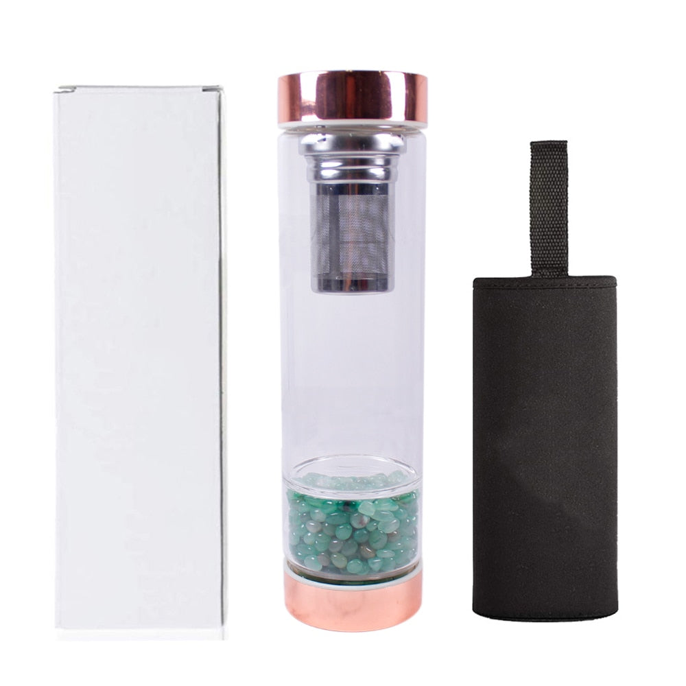 Natural Crystal Elixir Bottles gemstone Glass therapy stone Tea filter filter bottle Healing Crystal Infuser Energy cup