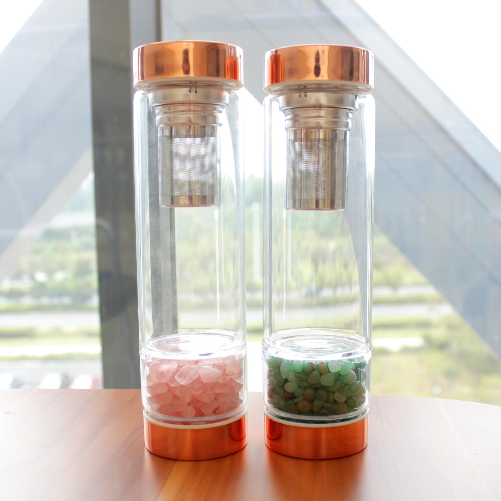 Natural Crystal Elixir Bottles gemstone Glass therapy stone Tea filter filter bottle Healing Crystal Infuser Energy cup