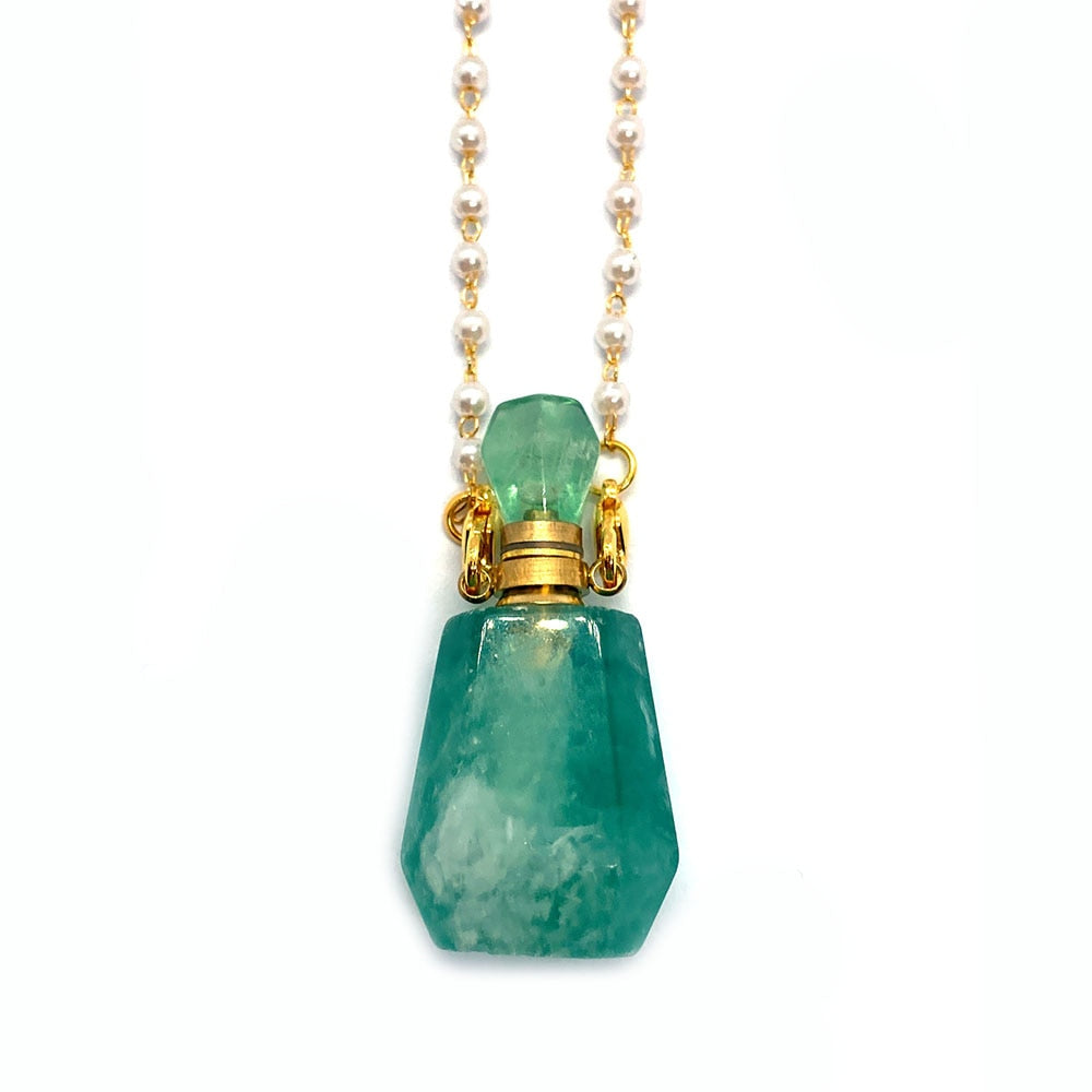 Natural Stone Green Fluorite Perfume Bottle Fashion Necklace Turquoise Two-hole Pendant Aromatherapy Bottle Essential Oil Bottle