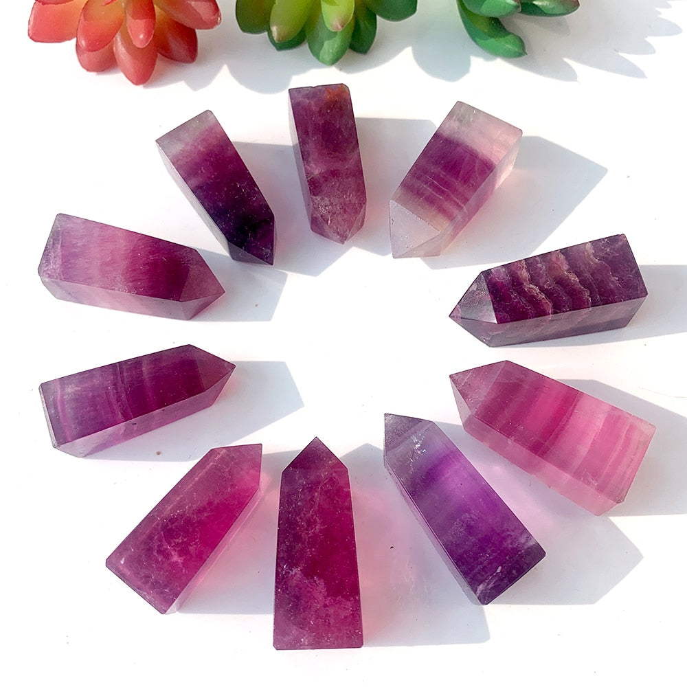 Striped Transparent Crystal Natural Pink Purple Fluorite Tetrahedral Column Energy Gemstones Quartz Tower Decor