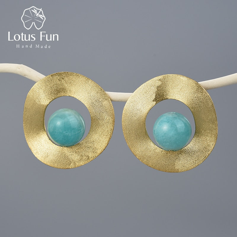Bông Tai Nụ Tròn Lệch Phong Cách Tối Giản Đá Quý Tự Nhiên Lotus Fun Bằng Bạc Sterling 925 Thật Mạ Vàng 18K Trang Sức Mỹ Nghệ Làm Thủ Công