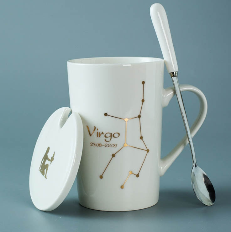 Ceramic Mugs 12 Constellations Creative Mugs with Spoon Lid Black and Gold Porcelain Zodiac Milk Coffee Cup Drinkware