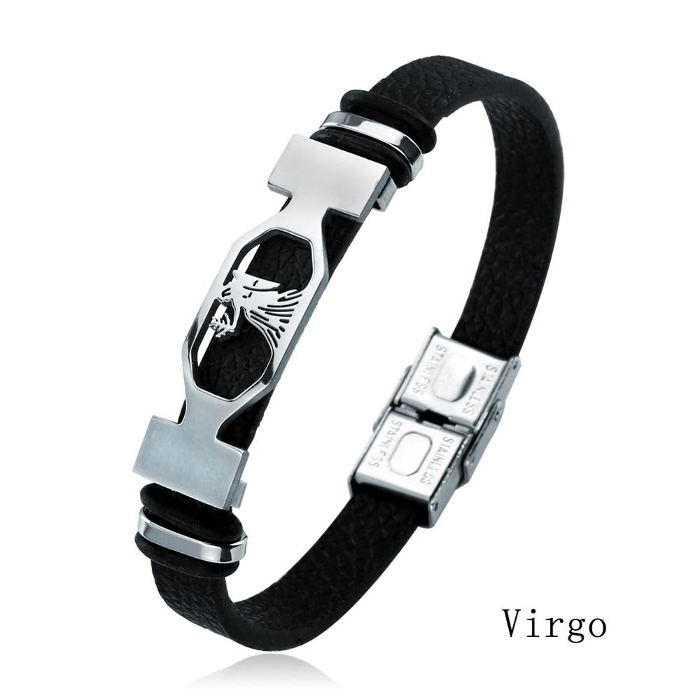 12 Constellation Stainless Steel Cuff Bracelet Men Women Zodiac Sign Black Leather Wrap Bracelet Jewelry Pulseras Hombre