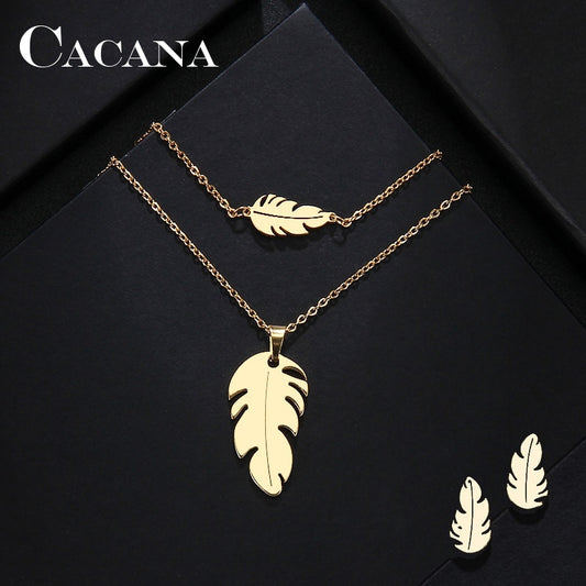 CACANA Stainless Steel Sets For Women Feather Shape Necklace Bracelet Earring Jewelry Lover's Engagement Jewelry