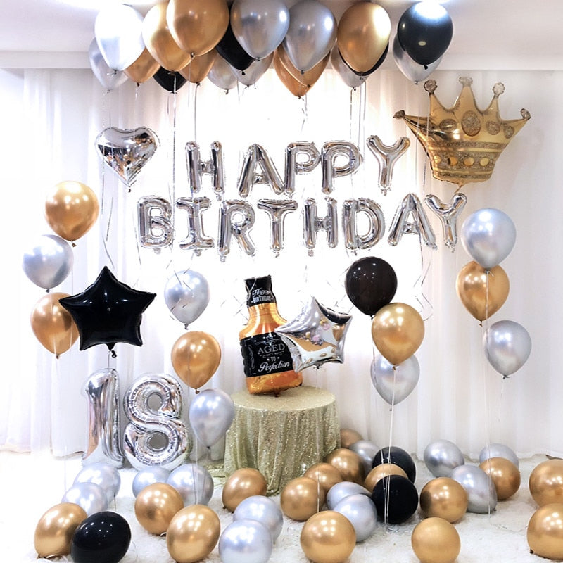 Gold Silver Metal Latex Balloons 18 30 40 50 60 70 Years Number Happy Birthday Anniversary Party Decor Adult Foil Balloon Gift