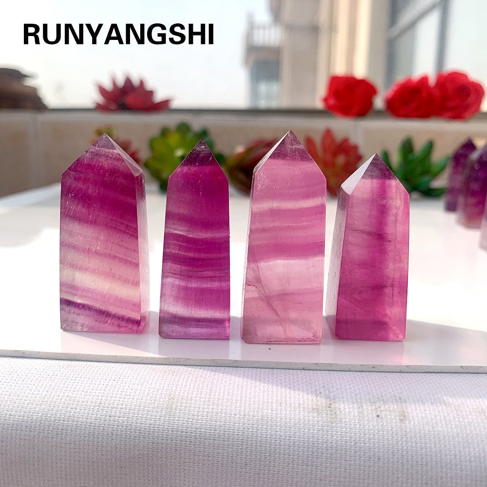 Striped Transparent Crystal Natural Pink Purple Fluorite Tetrahedral Column Energy Gemstones Quartz Tower Decor