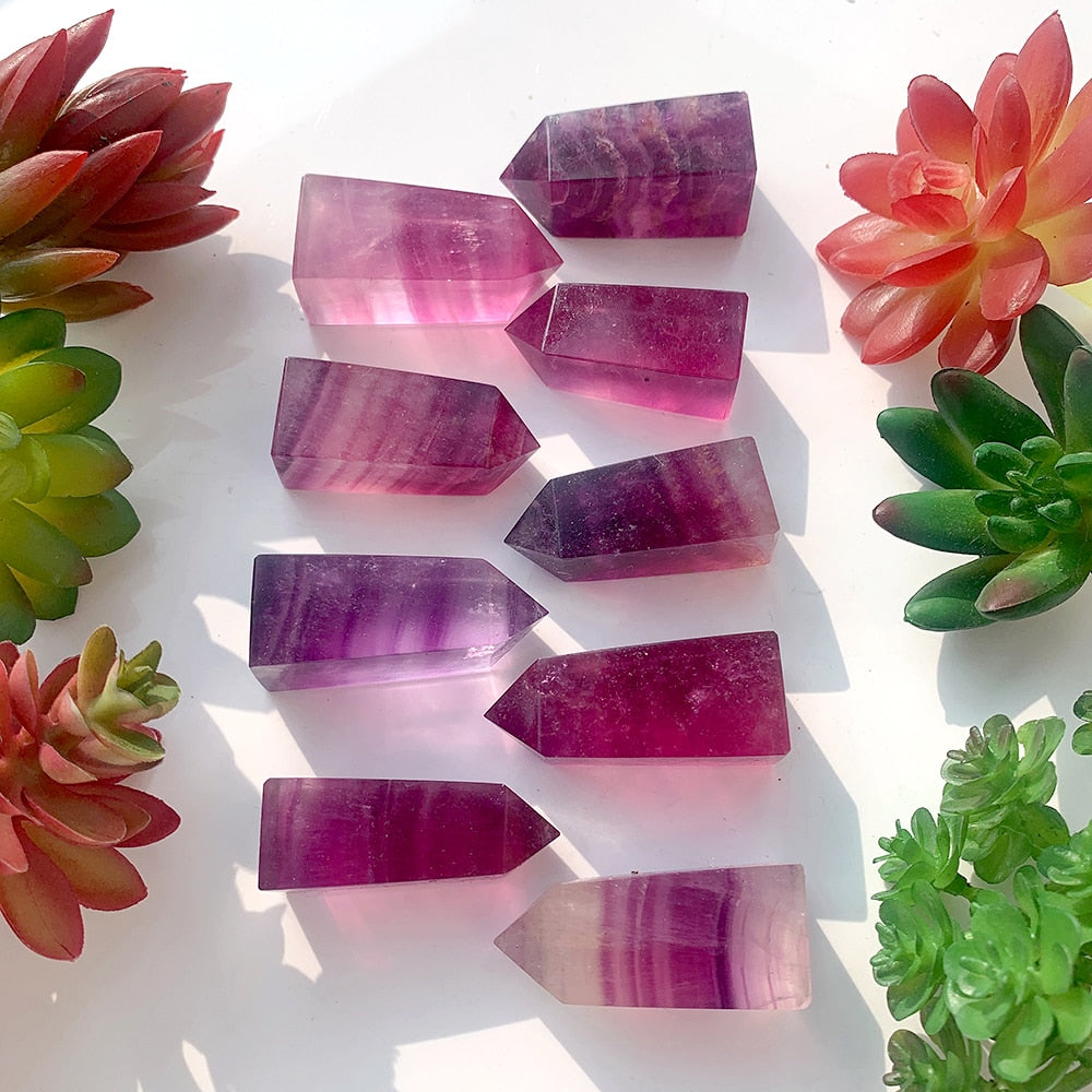 Striped Transparent Crystal Natural Pink Purple Fluorite Tetrahedral Column Energy Gemstones Quartz Tower Decor