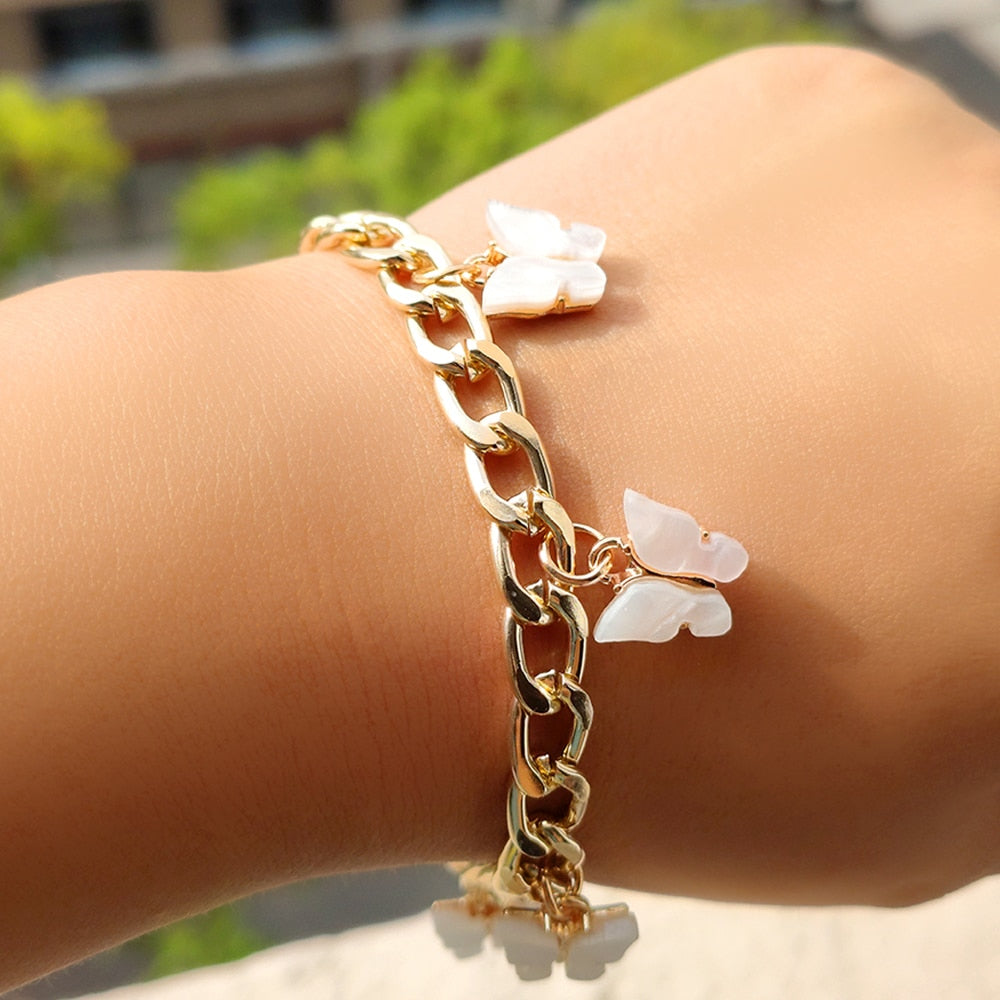 BYNOUCK Trendy Multicolor Butterfly Pendant Bracelets Girls Punk Metal Wide women's bracelet on hand 2020 Statement jewellery